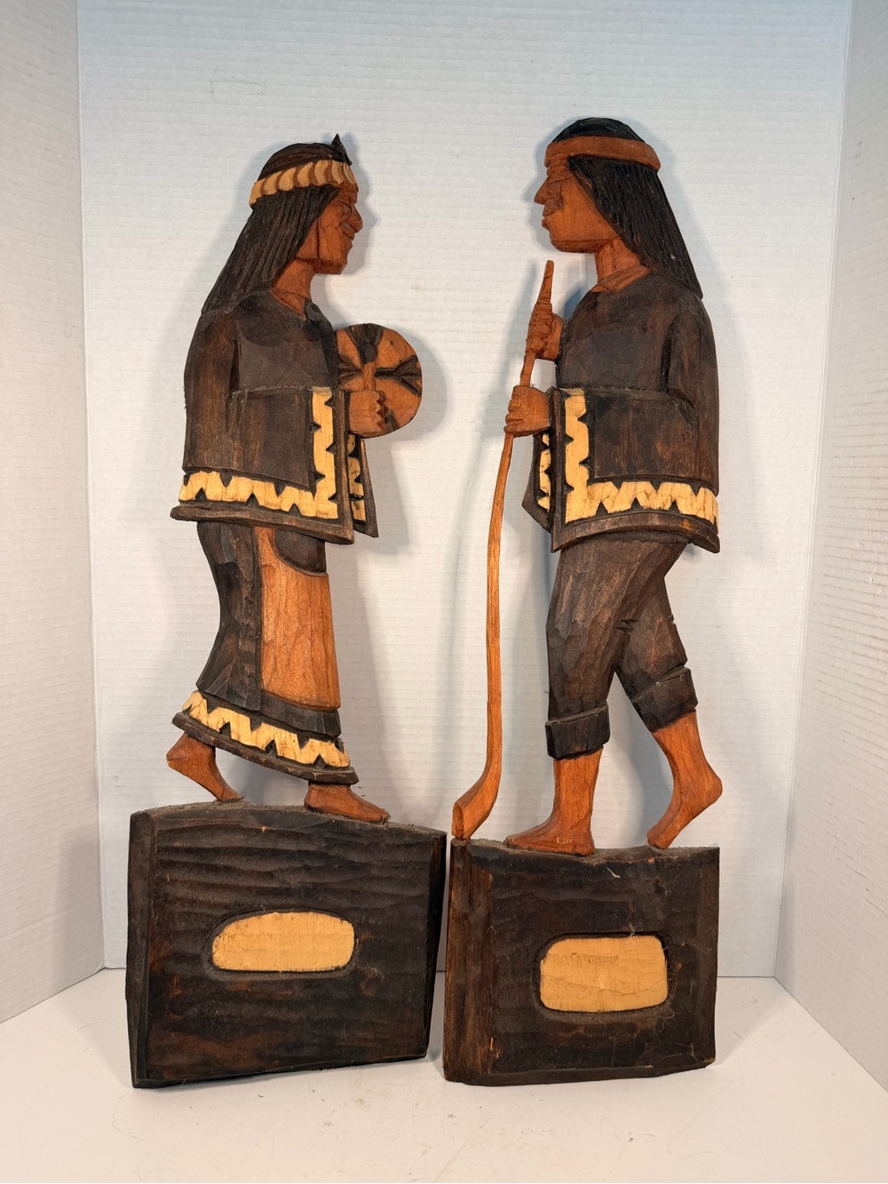 Vintage Hand Carved
Wooden Native Figures Wall
Sculptures Folk Art Pair